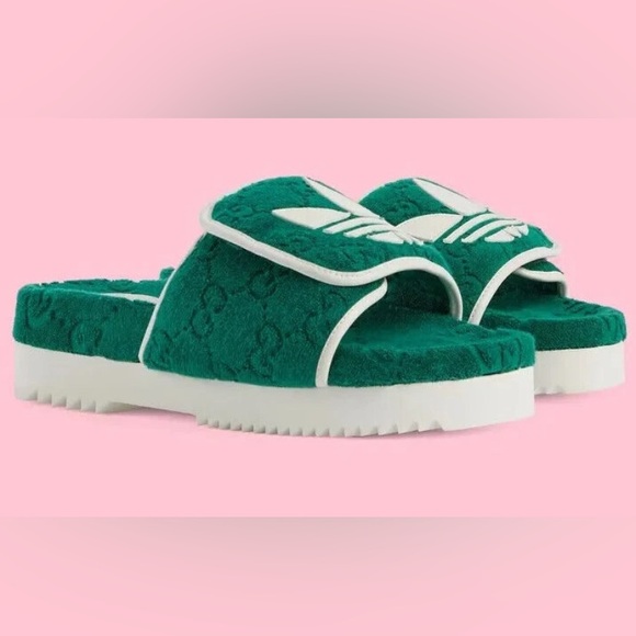 Gucci x Adidas monogram GG Logo Green and White platform Sandals - Picture 4 of 4